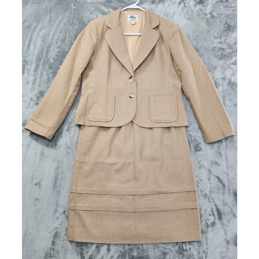 Vintage Lanz Original Wool Blazer Skirt Suit Set Size M Tan Beige Office